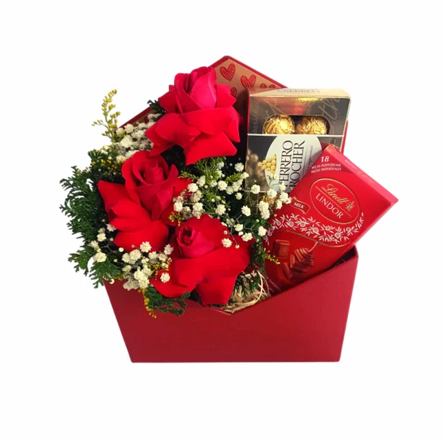 Maço 03 rosas vermelhas + Lindt + Ferrero Rocher