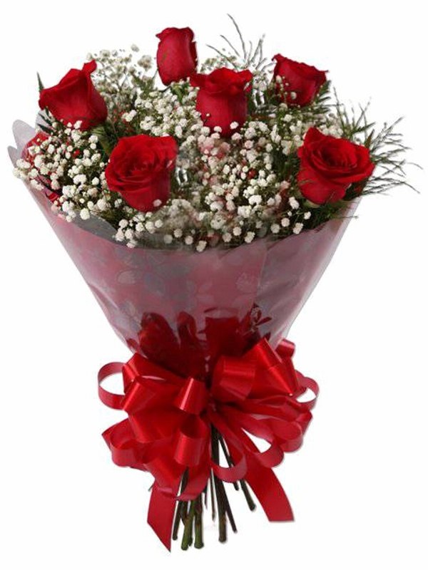 Maço 06 rosas vermelhas + Gipsofilas brancas